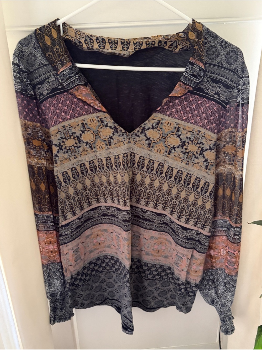 Lucky Brand Top BOHO V Neck Long Sheer Puff Sleeve Ruffle Collar Size M